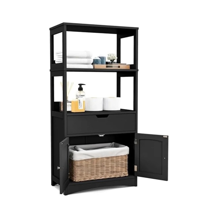 Szabadon álló fürdőszobai szekrény 2 ajtóval és 3 nyitott polccal, valamint magas szekrény fiókkal