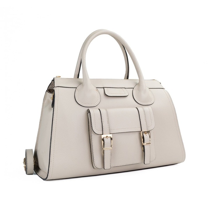 Geanta casual Posete Fagaras Tiara, piele naturala bej, 43x18x27cm, bareta reglabila