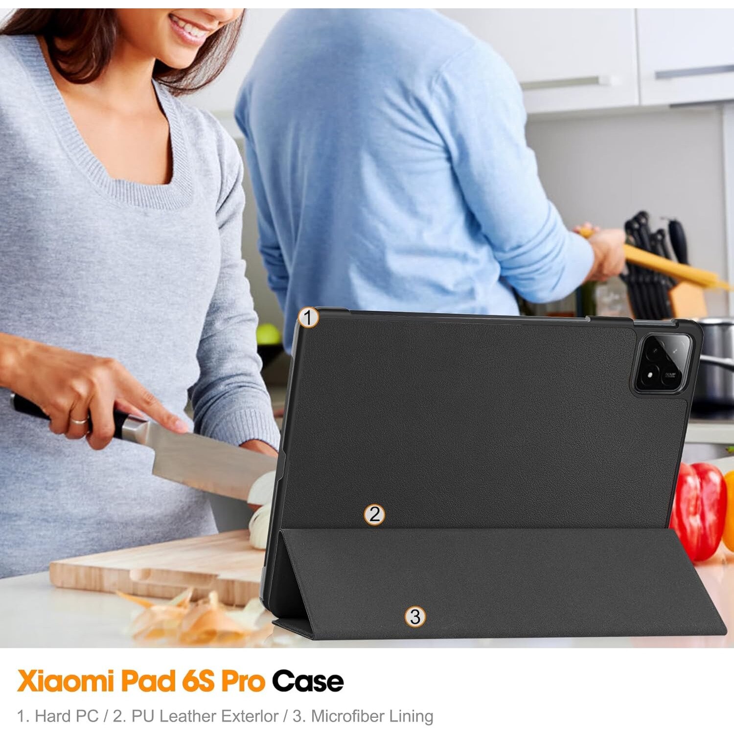 Husa Sigloo pentru tableta Xiaomi Pad 6S Pro 12.4' (2024) – Slim, Tri-Fold Magnetic, Piele Ecologica, Antisoc, Stand Reglabil, – Negru