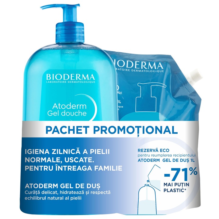 Pachet: Gel de dus ATODERM Bioderma, 1l + Rezerva 1l