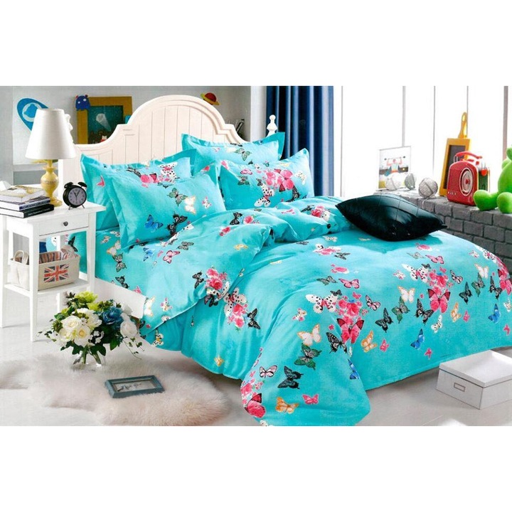 Set 6 piese, Lenjerie de Pat din Bumbac Finet Albastra, Fluturi