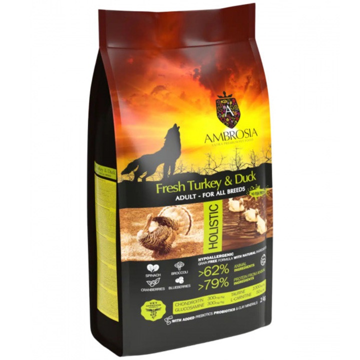 Hrana uscata pentru caini Ambrosia, Grain Free, Adult, curcan si rata, 2kg