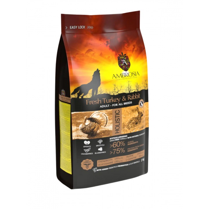 Суха храна за кучета Ambrosia, Grain Free, Adult, Sensitive, Пуйка и заек, 12 кг