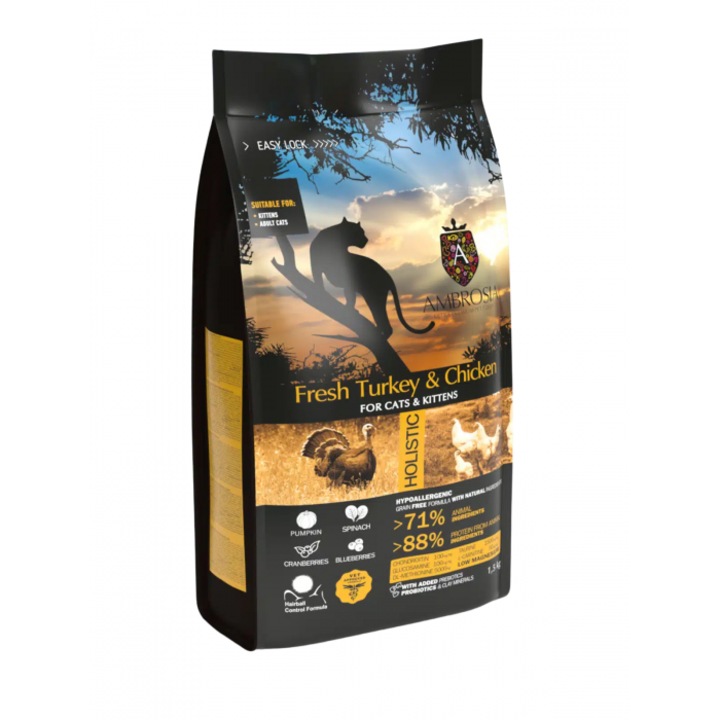 Hrana uscata pentru pisici Ambrosia, Grain Free, Kitten, curcan si pui, 1.5kg