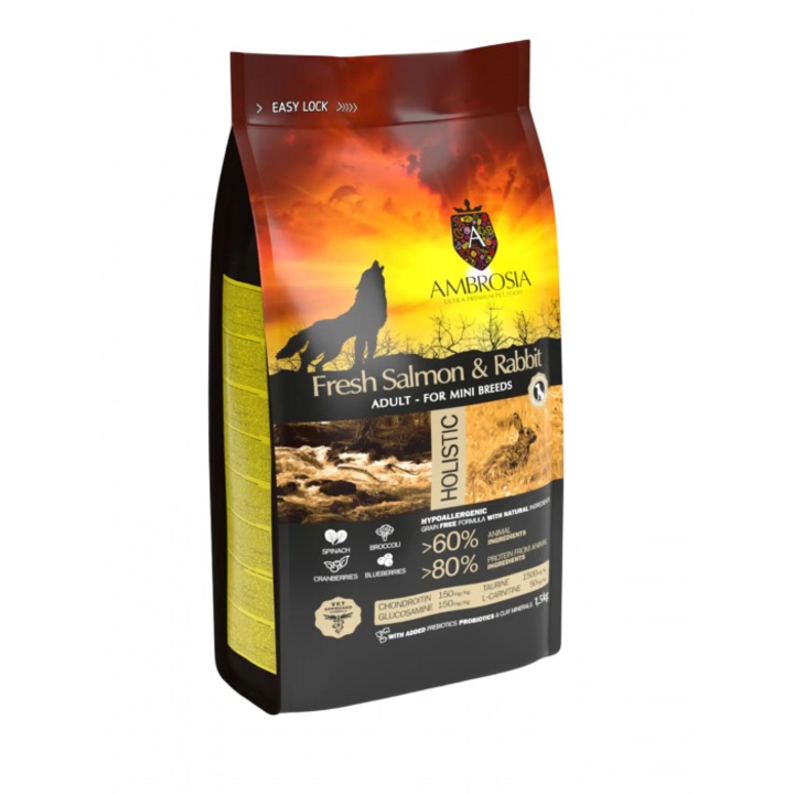 Суха храна за кучета Ambrosia, Grain Free, Mini, Sensitive, Сьомга и заек, 1.5 кг