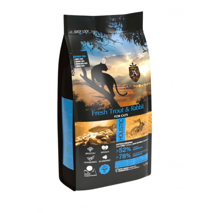 Hrana uscata pentru pisici Ambrosia, Grain Free, Sterilised, pastrav si iepure. 1.5kg