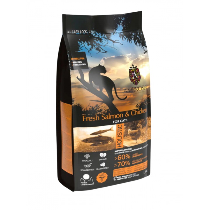 Hrana uscata pentru pisici Ambrosia, Grain Free, Sterilised, somon si pui, 1.5kg