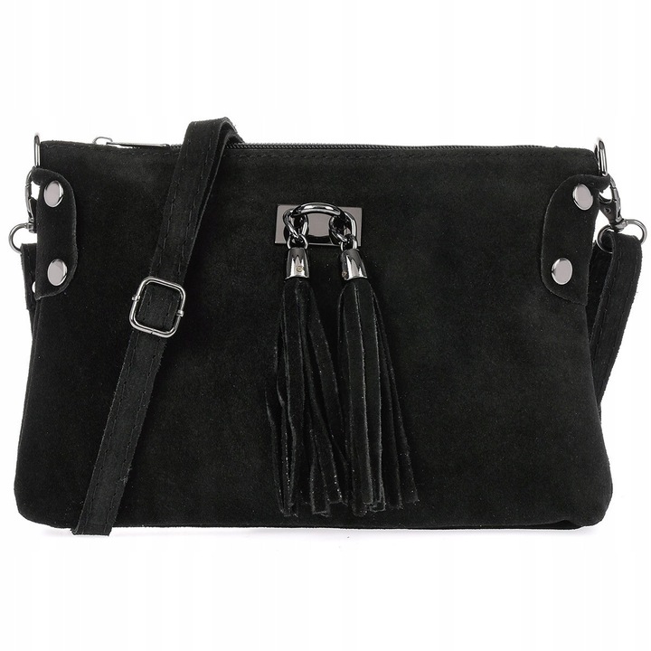 Малка дамска чанта, Beltimore, велур, черна, 17x10см, с ресни, регулируема презрамка