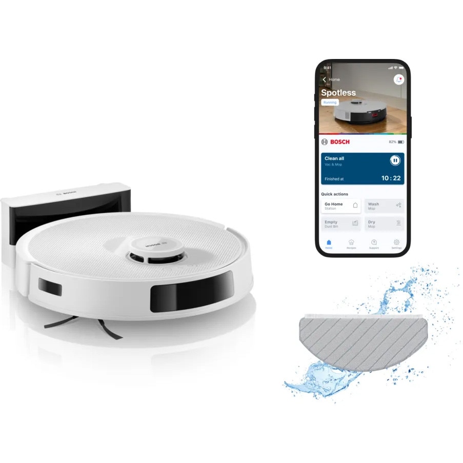 Robot de aspirare Bosch BCRC1W, aspirare&spalare, statie de incarcare, putere maxima 11000 PA, Navigare 360° LiDAR, Funcție Reduced Tangling, recipient praf 0.4 L, Home Connect, Al