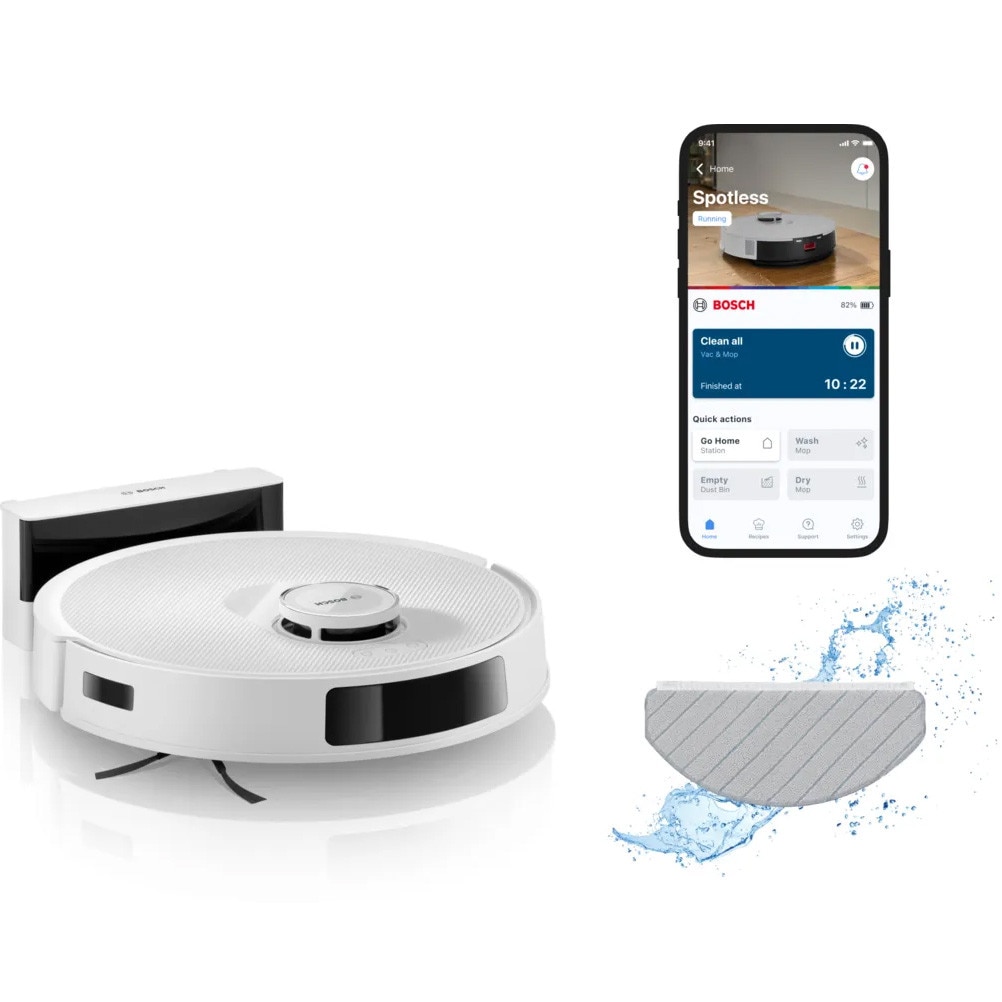 Robot de aspirare Bosch BCRC2W, aspirare&spalare, Statie de incarcare, putere maxima 11000 PA, Navigare 360° LiDAR, Funcție Reduced Tangling, recipient praf 0.4 L, Home Connect, Al