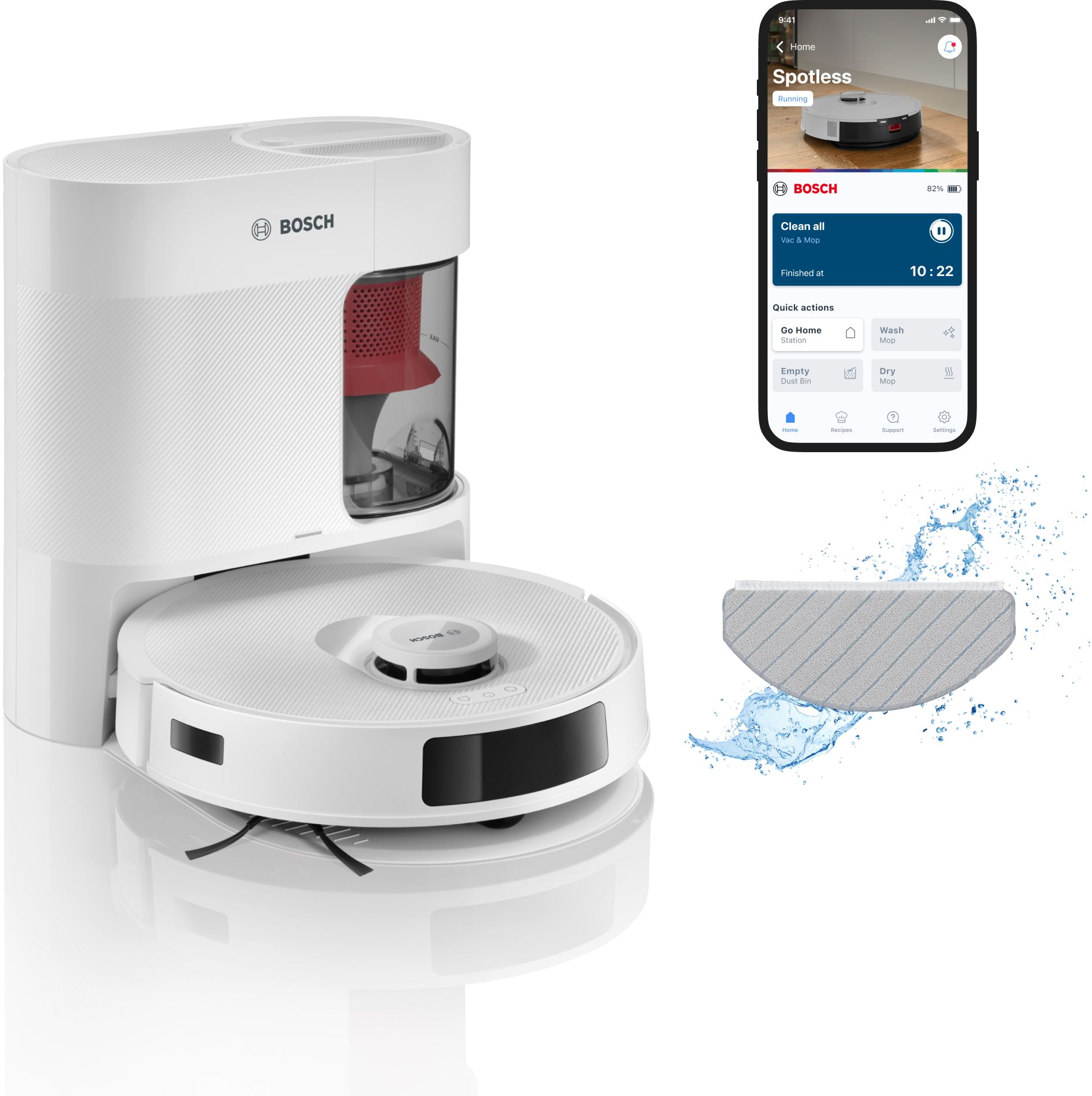 Robot de aspirare Bosch BCRD1W, aspirare&spalare, Statie de golire, putere maxima 11000 PA, Navigare 360° LiDAR, Funcție Reduced Tangling, recipient praf 0.4 L , Home Connect, Alb