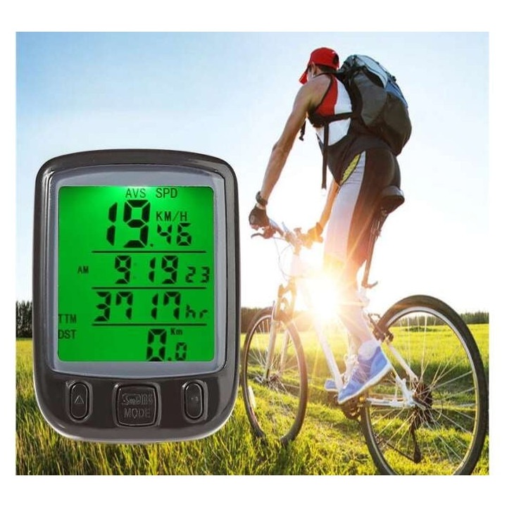 Kerékpár komputer LCD kijelzővel, sebességmérővel, vízálló, háttérvilágítással, több funkcióval, fekete