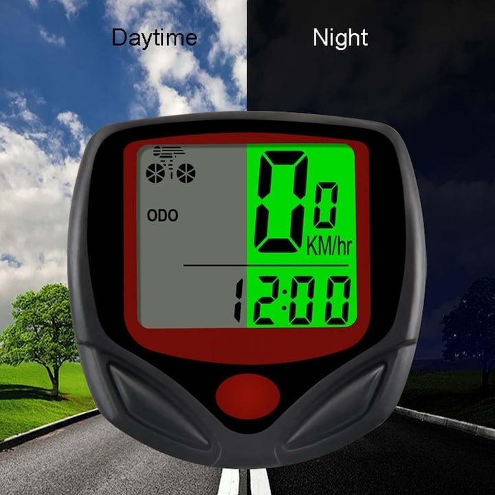 Biciklik számológép, elektromos számítógép hegyi motorokhoz, LED-es időzítő, LCD kijelző, ABS műanyag, fekete/piros