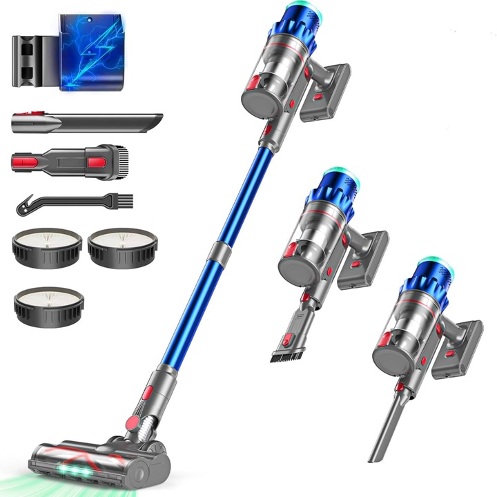 Aspirator Vertical Fara Fir 2in1, 550W/48000Pa, 60min Autonomie, Ecran Tactil, LED, Rezervor 1.5L, Podea, Covor, Par Animale, 3 Filtre HEPA, Albastru/Gri