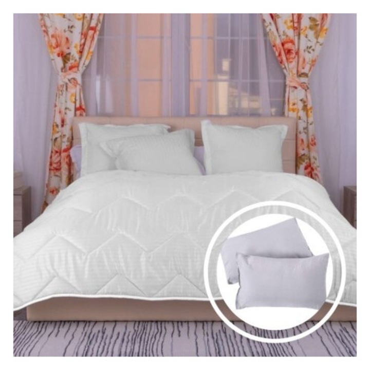 Set pilota lana iarna Ralex Pucioasa 200x215cm (policoton) + 2 perne 50x70cm, alba