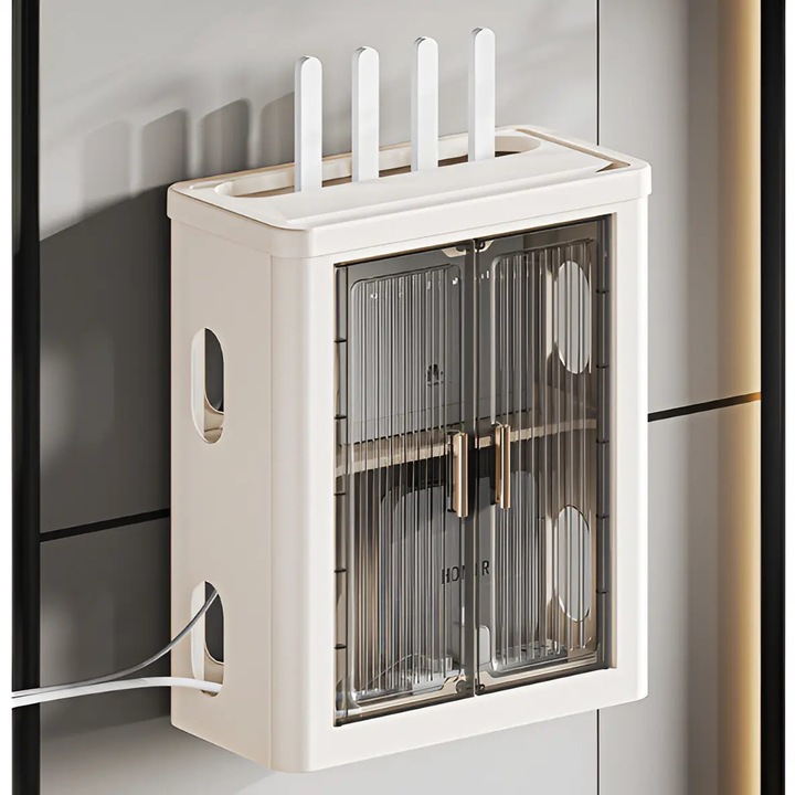 Рафт опора за Wi-Fi рутер, удължител, със стенен монтаж, скрива кабели, лесен достъп, пластмаса, бял/сив, 28,5 x 14 x 33 см