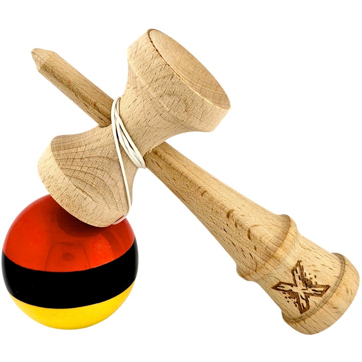 Kendama Eredeti X, Fa, Golyó SZUPER STICK bevonattal, Tapadás, 18 cm, 3 színű modell Piros - Fekete - Sárga