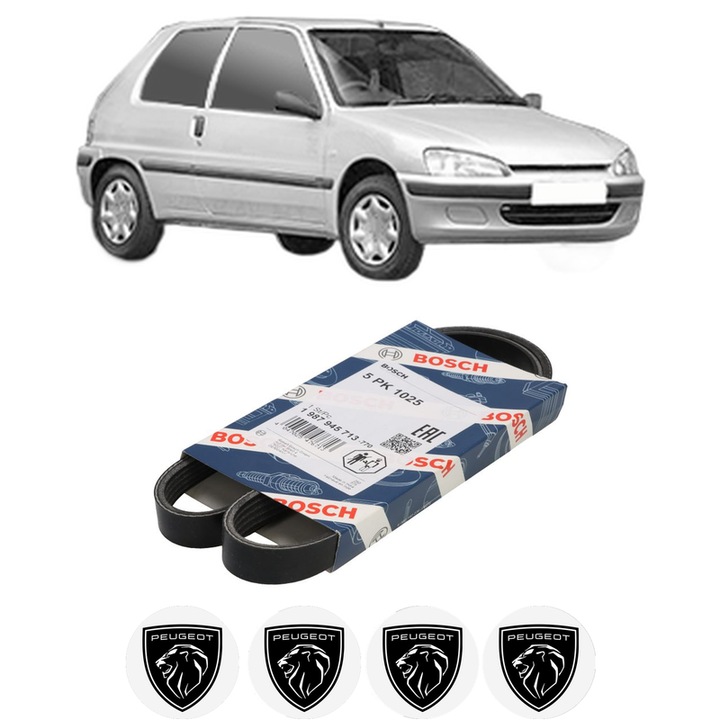Curea transmisie accesorii PEUGEOT 106 II (1A_, 1C_) 1.6 i din 1996-1999 KW 65 CP 89 CMC 1587, auto, Bosch, 4x Stickere auto cu PEUGEOT