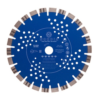 Disc diamantat NORDIA Perfect Tornado, 125 x 22.23 x 2.6 x 10+2 mm, 12 segmenti, pentru polizor unghiular Disc diamantat NORDIA Perfect Tornado, 125 x 22.23 x 2.6 x 10+2 mm, 12 segmenti, pentru polizor unghiular