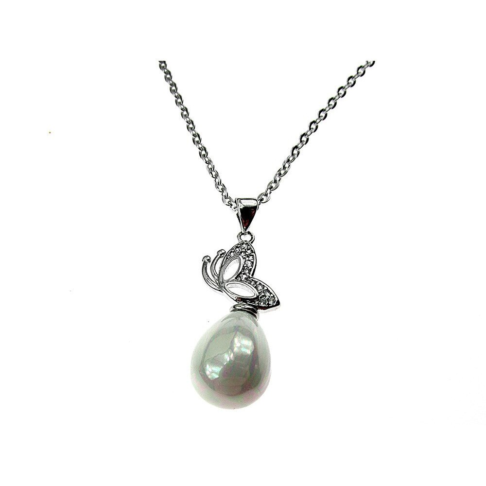 Colier inox model fluture cu perla sidef, GlamBazaar, 45 cm, cu Perle, Sidef, Alb, tip colier handmade cu pietre naturale