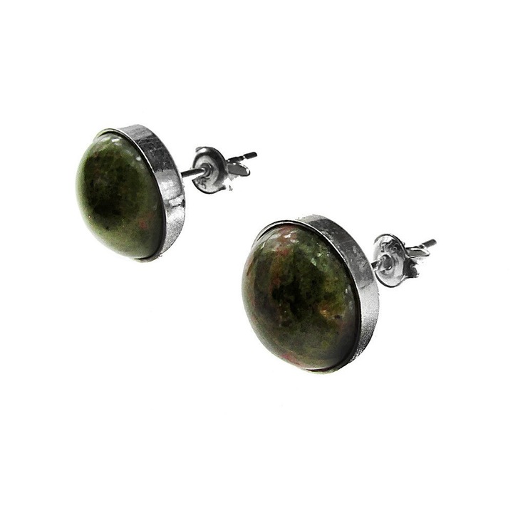 Cercei argint cu unakit natural 10 MM, GlamBazaar, 11 mm, cu Unakit, Verde, tip cercei de argint 925 cu pietre naturale