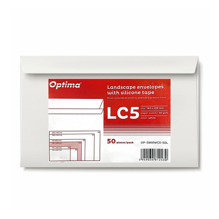 Plic C5 (162x229mm), Lipire Siliconica, 50 Buc/set, Deschidere Pe Latura Mare, Optima - Alb