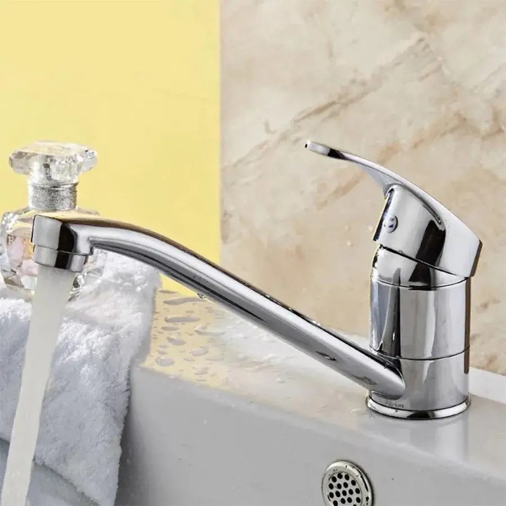 Едноръкохватков смесител за умивалник, въртящ се чучур 15 см, керамична глава, лъскав хром