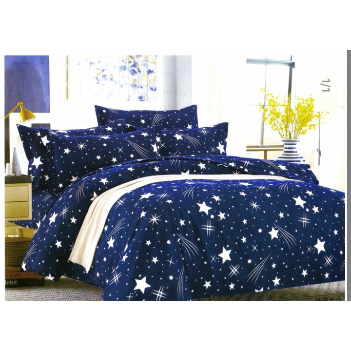 Двойно сатенирано памучно спално бельо 6 части 2 лица синьо с бели звездички
