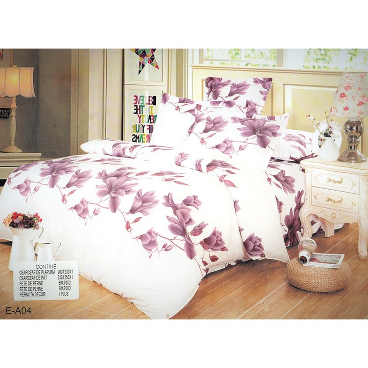 Set 7 Piese, Lenjerie de Pat la Cutie, din Bumbac, Alba cu Orhidee Mov