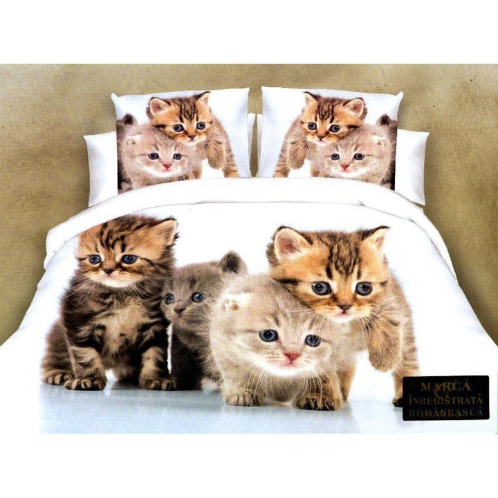 Комплект спално бельо от 4 части, От сатениран памук, Изображения на котки