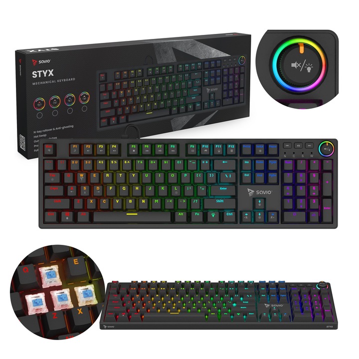 Tastatura gaming Savio, Outemu Blue, Hot Swap, RGB, 104 taste, neagra, 442x135x34mm
