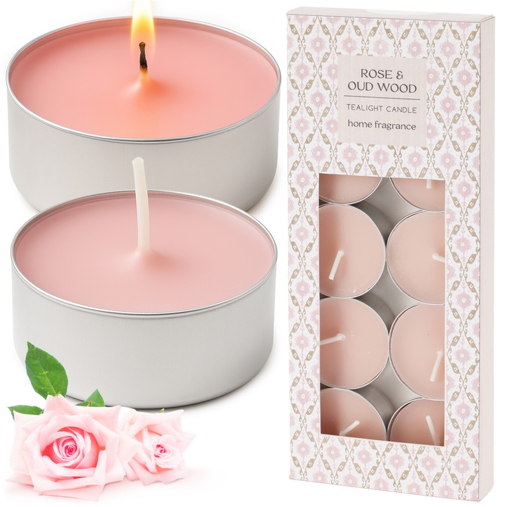 Illatos Gyertyák 10 Db Mécses Készlet Paraffin Viaszból Ideális Belső Dekorációhoz Tealight Rózsaszín Rose And Oud Wood