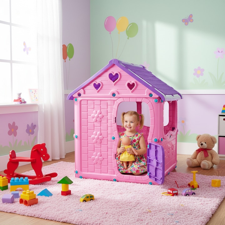 Детска къщичка за игра Bezubi Kids FUN, заоблени ъгли, безопасна и издръжлива, за вътрешна/външна употреба, разглобяема, с врата и прозорец, ергономичен дизайн, 2 места, възраст 1+ години, размери 98x92x116 см, розова