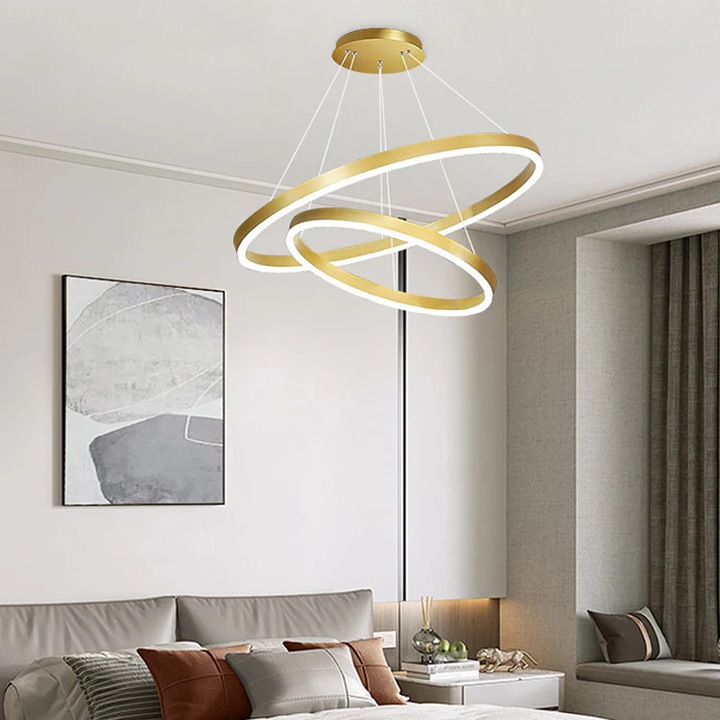 Lustra LED suspendata cu telecomanda CHRISTINE, 69W, 2 Cercuri, lumina Rece/Calda/Neutra, Dimabila, Auriu Lucios, Inaltime Reglabila