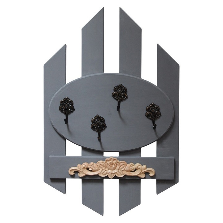 Suport chei, cuier, pictat manual, gri, ornament de lemn, 4 agatatori, inaltime 48 cm