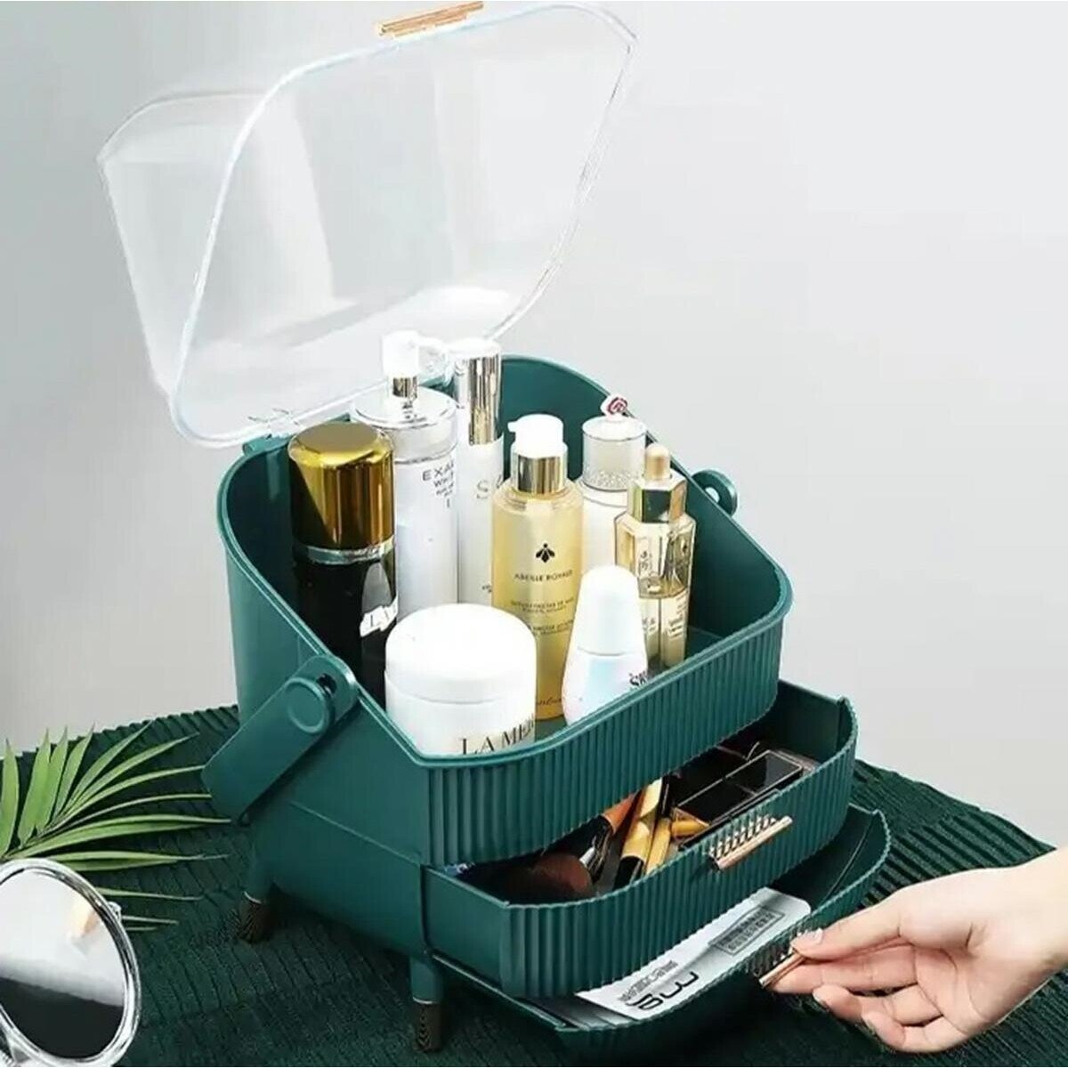 Set organizator de machiaj Macvi®, 2 sertare, capac transparent, maner confortabil, rezistent la praf, plastic PP + acril, 37x28x18.5 cm