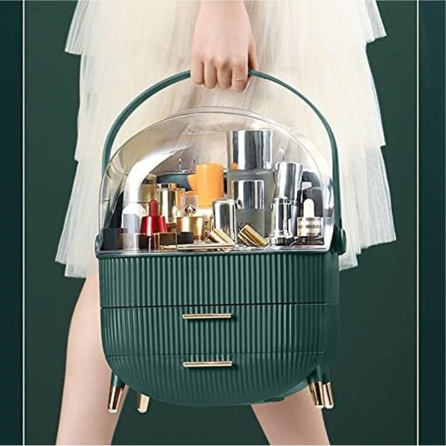 Set organizator de machiaj Macvi®, 2 sertare, capac transparent, maner confortabil, rezistent la praf, plastic PP + acril, 37x28x18.5 cm