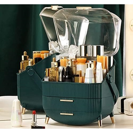 Set organizator de machiaj Macvi®, 2 sertare, capac transparent, maner confortabil, rezistent la praf, plastic PP + acril, 37x28x18.5 cm
