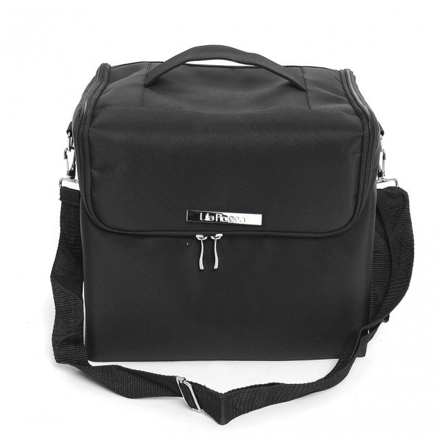 Portfard cosmetic Macvi® cu capacitate mare, material canvas rezistent, design clasic negru, 19.8x24.5x27.5 cm