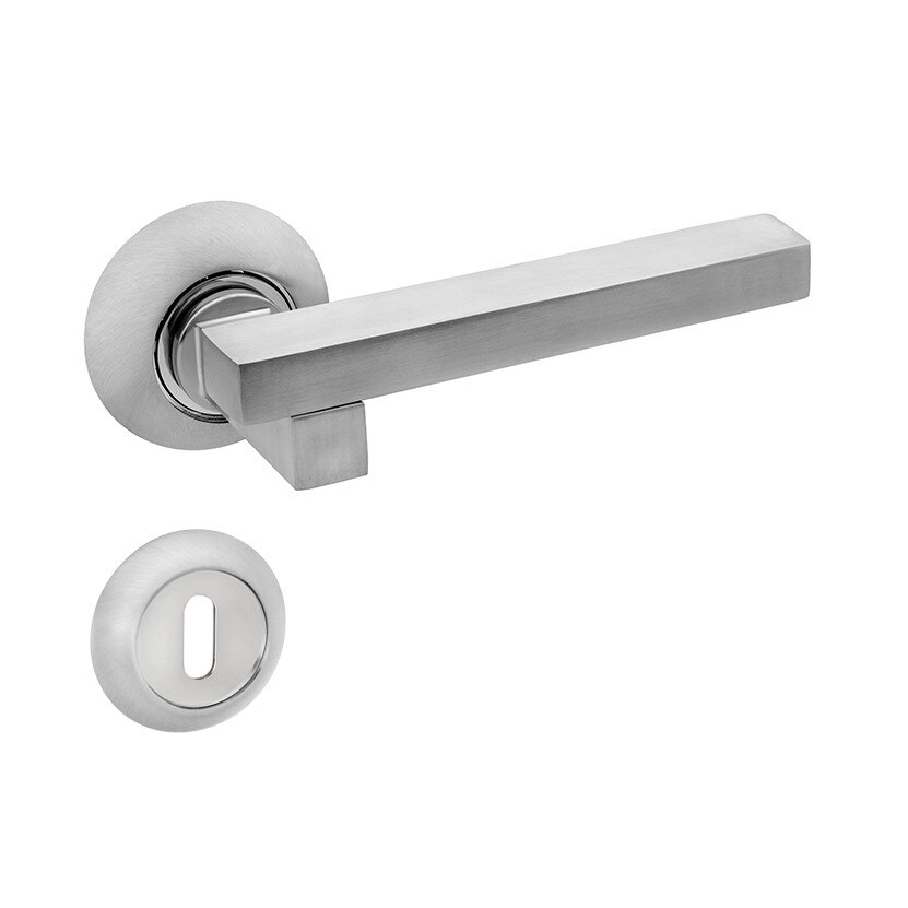 Set manere usa MODERN cu rozeta rotunda pentru cheie, crom satinat