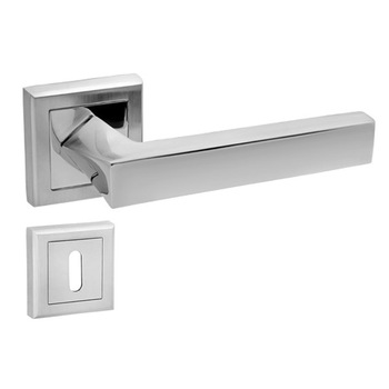 Set manere usa VIRATA cu rozeta patrata pentru cheie, crom satinat Set manere usa VIRATA cu rozeta patrata pentru cheie, crom satinat