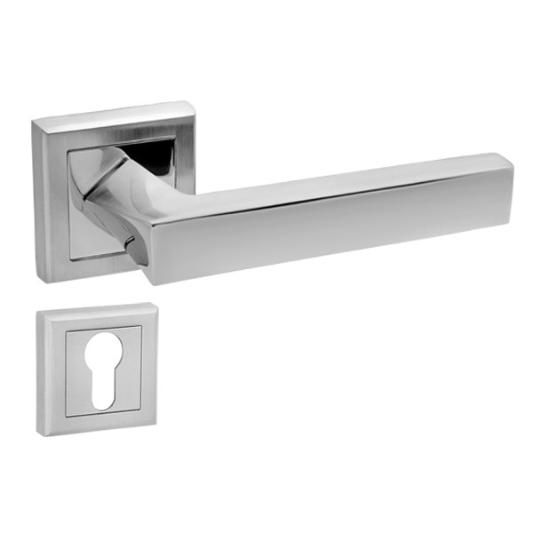 Set manere usa VIRATA cu rozeta patrata pentru cheie, crom satinat