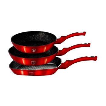 Set 3 tigai marmorate antiaderente, Burgundy Metalic Line Berlinger Haus BH 1289N, 1 tigaie grill + 2 tigai normale, 3 straturi de marmura Set 3 tigai marmorate antiaderente, Burgundy Metalic Line Berlinger Haus BH 1289N, 1 tigaie grill + 2 tigai normale, 3 straturi de marmura