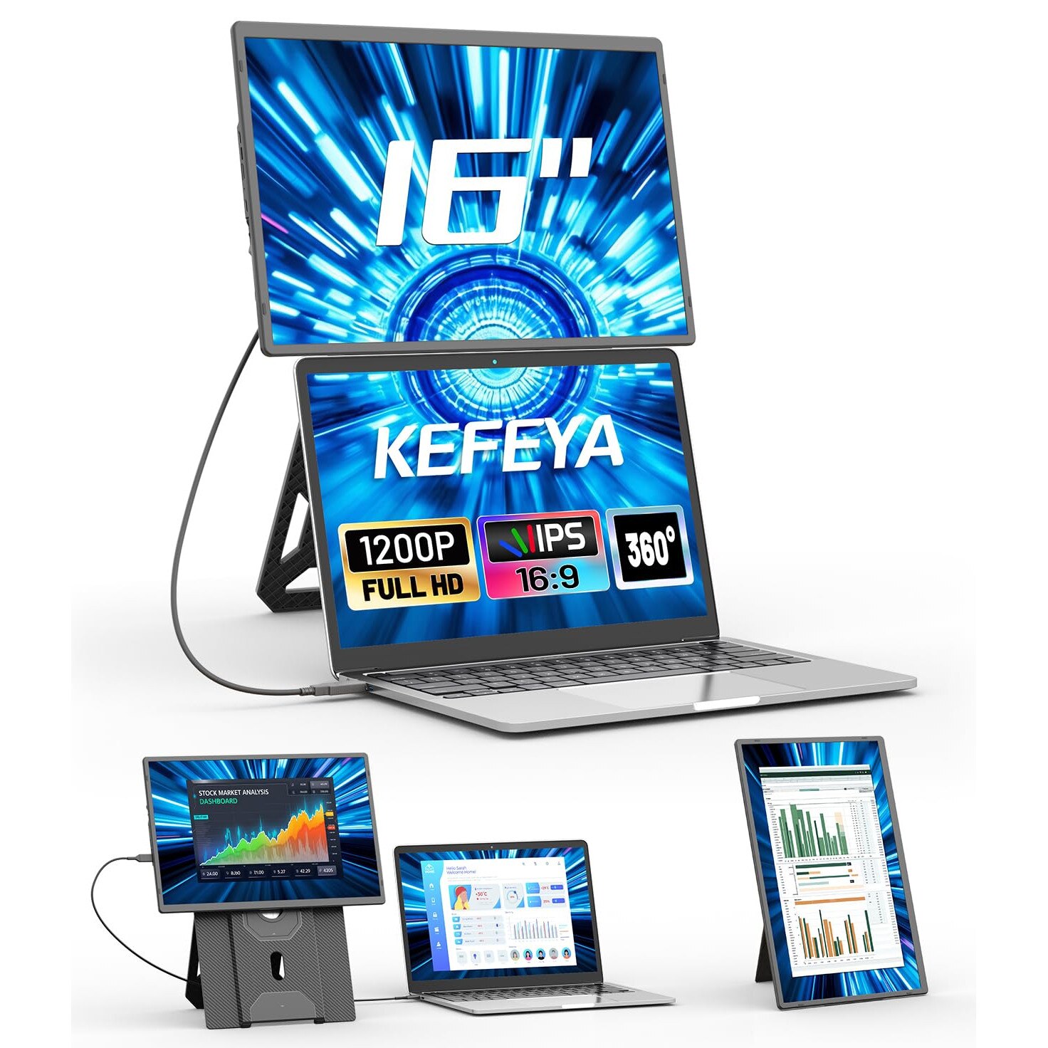 Monitor portabil Kefeya, 16 inch FHD 1200P, suport magnetic rotativ 360 ...