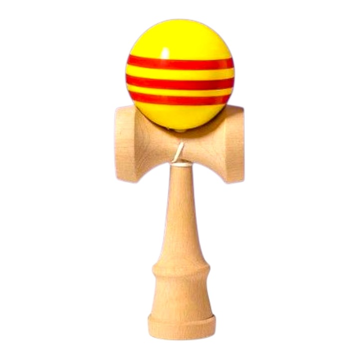 Kendama, Eredeti szuper ragadós, tapadós, fából, 18 cm, ügyességi játék gyerekeknek és felnőtteknek, sárga piros vonalakkal