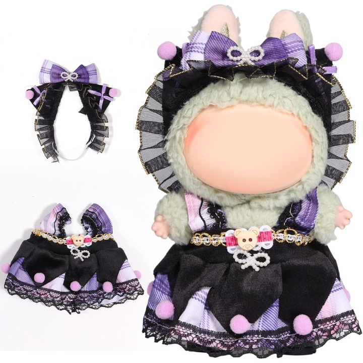 Комплект дрехи за кукли Labubu, 17см, рокля и прическа, лилав