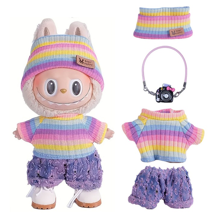 Set de 4 piese imbrăcăminte pentru păpuși Labubu, 15x17 cm, haine, pantaloni, palarii, multicolor