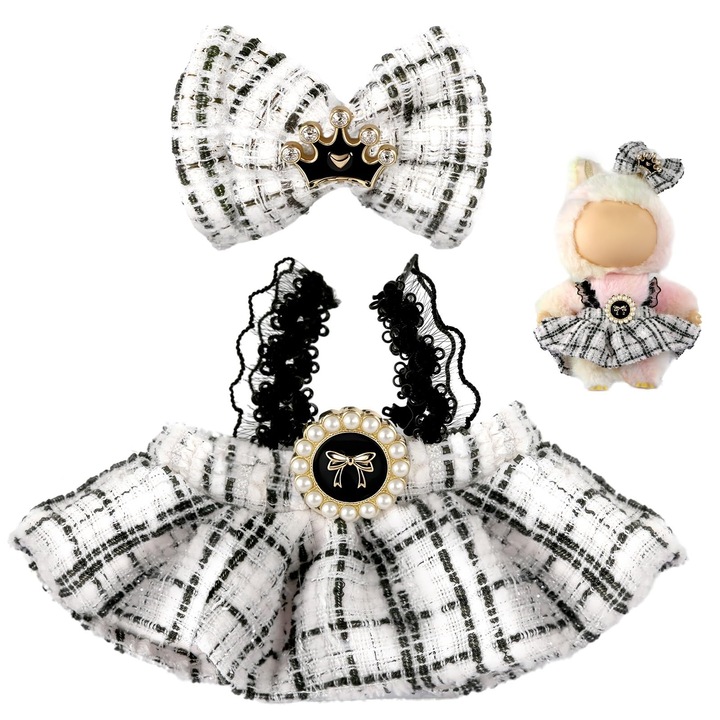 Комплект дрехи за кукла Labubu, елегантна рокля и фиби, бял, 15/17 см