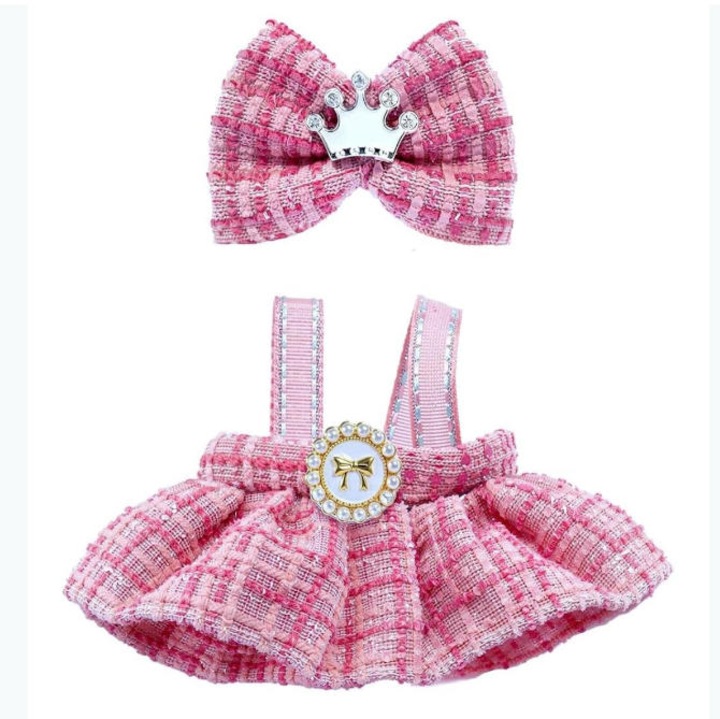 Комплект дрехи за кукли Labubu, 15/17 см, елегантна рокля и фиби за коса, светлорозов (куклата не е включена)