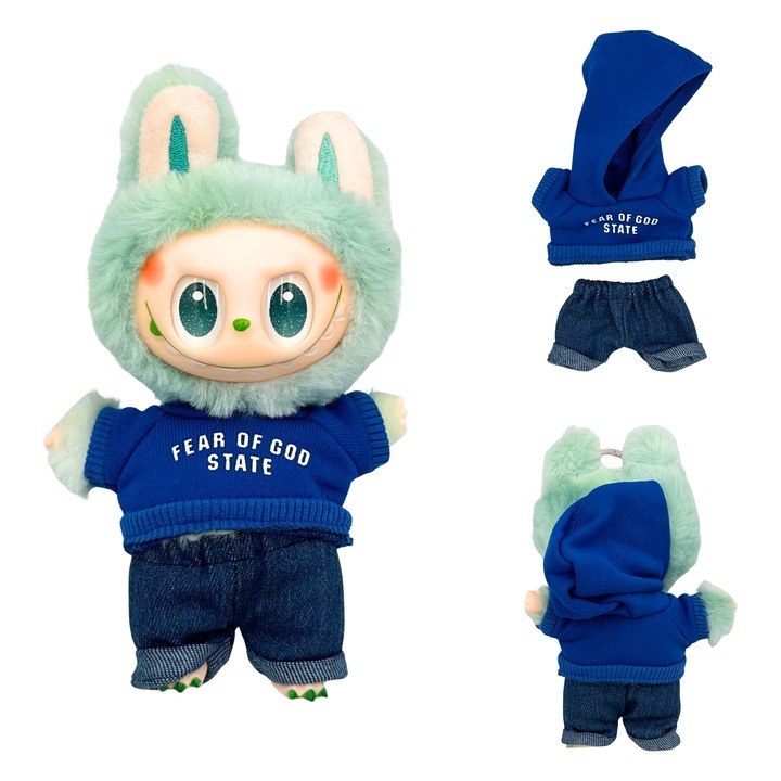 Babaruha szett, kék pamut kapucnis felső és farmernadrág, 17 cm